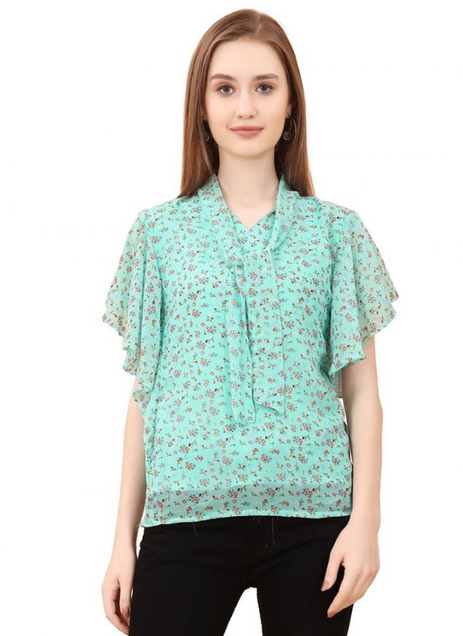 Georgette Teal Daily Wear Printed Readymade Top